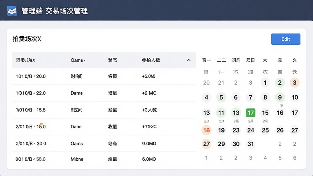 有辆管理端交易场次管理页面,展示拍卖场次列表,包含时间、状态、参拍人数等信息,界面带有日历视图和编辑按钮,整体风格简洁商务,画质高清,干净无多余元素