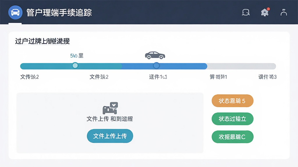 有辆管理端手续追踪界面,展示过户上牌流程进度条,包含文件上传区域和状态标签,界面清晰,图标易懂,商务风格,画质干净,无多余元素