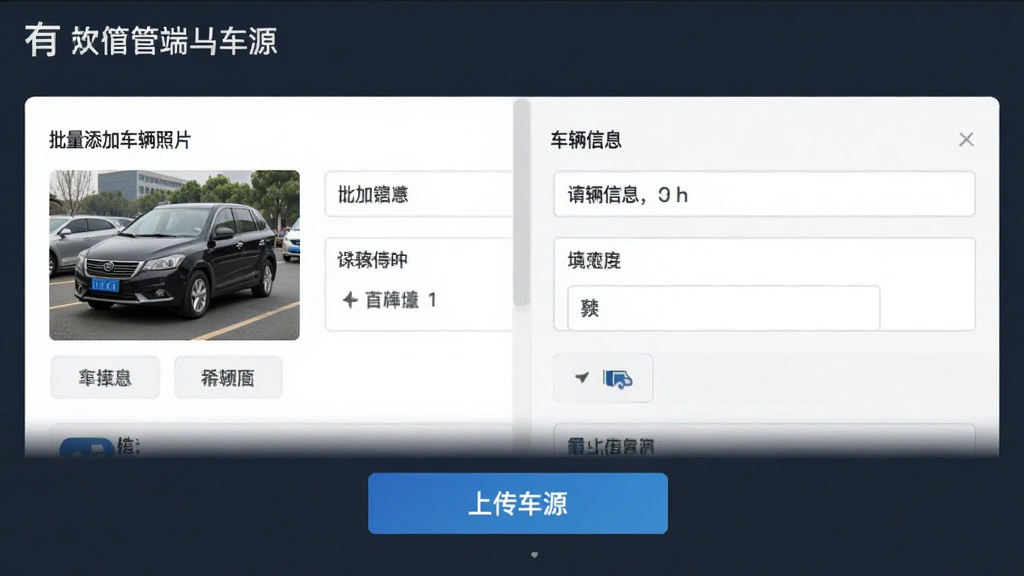 有辆管理端车源上传操作界面,展示批量添加车辆照片和填写车辆信息的表单,界面简洁,按钮明确,带有“上传车源”文字标识,商务风格,画质清晰,干净无多余元素