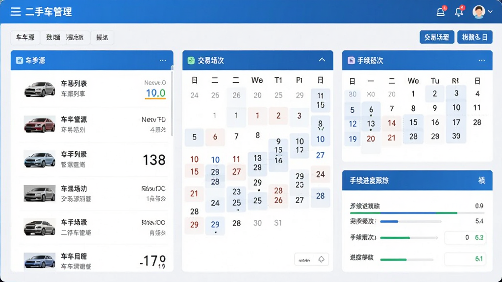 有辆管理端软件主界面预览图,展示二手车管理后台的仪表盘数据,包含车源列表、交易场次日历、手续进度跟踪模块,整体风格商务蓝白配色,界面整洁,图标清晰,现代感强,画质高清,干净无多余元素