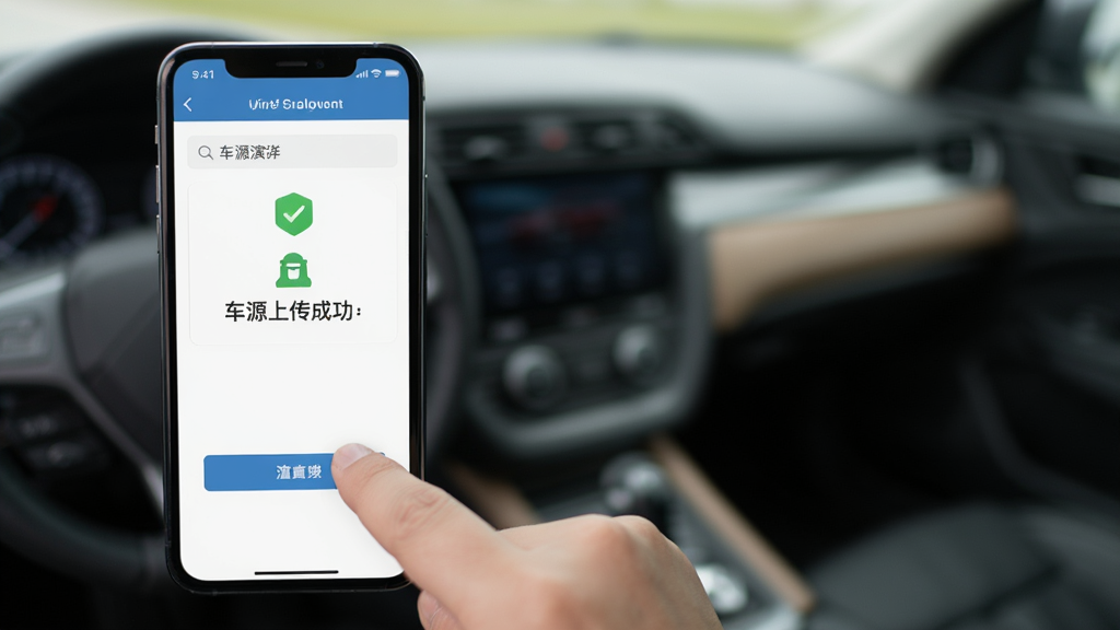 有辆管理端手机操作演示图,展示用户手指点击屏幕上的按钮,界面显示车源上传成功提示,背景虚化,突出手机屏幕内容,画质高清,干净无多余元素