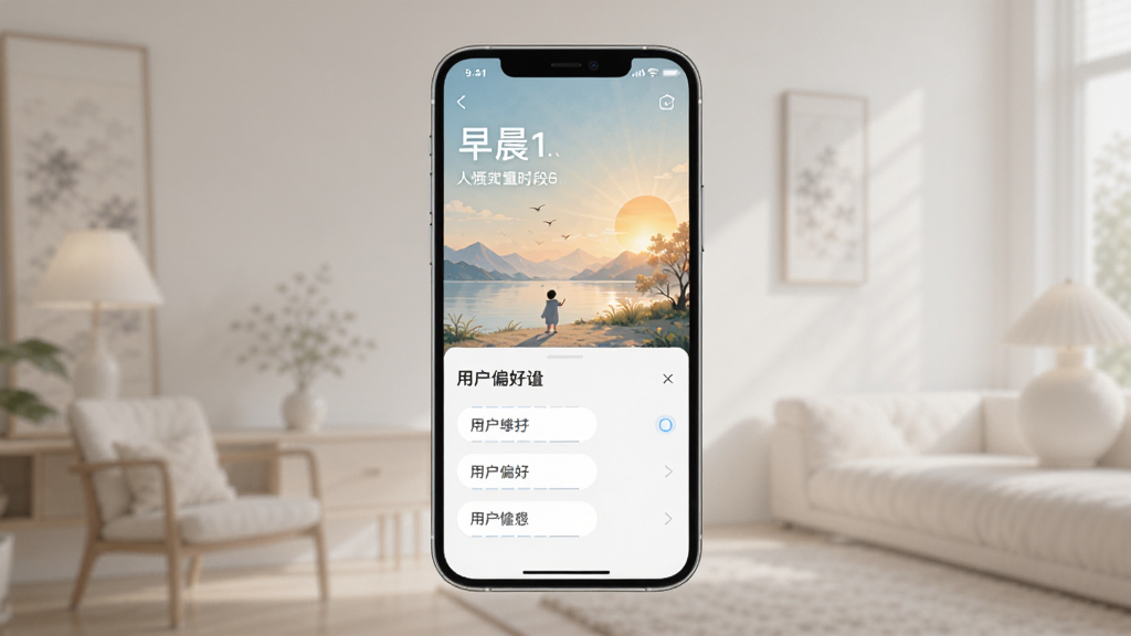 一幅展示风栖画屏智能场景推荐功能的示意图,画面中手机屏幕被分为上下两部分,上半部分显示当前时间段(如早晨)的推荐壁纸,下半部分显示用户偏好设置选项,整体界面设计简约,色彩柔和,画质清晰,无多余元素