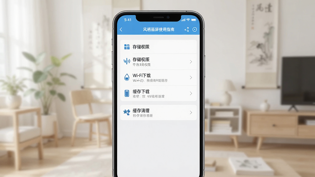 一幅展示风栖画屏使用指南的插图,画面中手机屏幕显示应用设置界面,包括存储权限、Wi-Fi下载、缓存清理等选项,界面清晰,风格简洁,画质高清,干净无多余元素