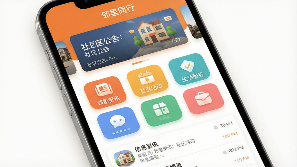 画面主体为一部智能手机屏幕占据视觉中心,屏幕内展示“邻里同行”APP主界面,界面顶部有社区公告轮播图,中部为功能图标网格,包含“邻里资讯”、“社区活动”、“生活服务”等彩色圆角图标,下方为信息流列表。整体布局简洁清晰,采用扁平化设计风格,以暖橙色和白色为主色调,搭配柔和阴影,画质高清干净,无多余元素。