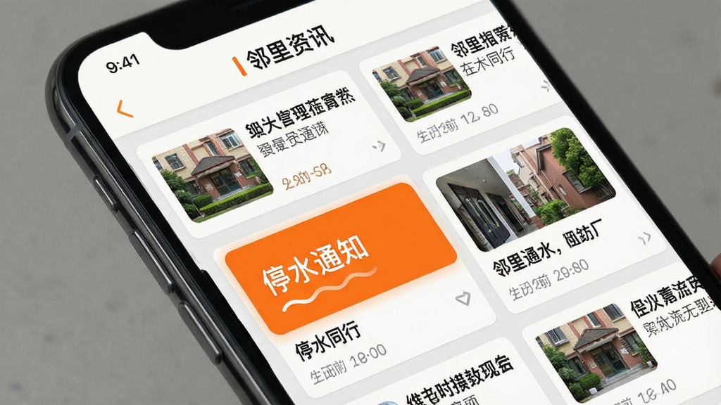 图片主体为手机截图展示“邻里同行”的资讯页面,页面顶部有“邻里资讯”标题栏,下方排列着带有缩略图的新闻卡片,每张卡片显示标题和发布时间,其中一张卡片被高亮突出显示“停水通知”。整体排版整齐,界面以白色和浅灰色为主,搭配橙色高亮元素,风格简洁明快,画质清晰,无多余元素。