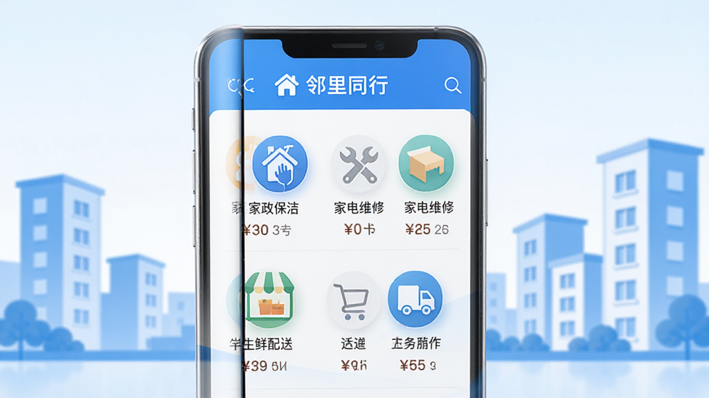 主题为“邻里同行”生活服务板块,画面中央是手机界面,界面展示服务列表,包含“家政保洁”、“家电维修”、“生鲜配送”等图标,每个图标下方有服务名称和价格。背景为简约的社区楼宇剪影,整体色调为清新的蓝色和白色,风格干净专业,画质高清,无多余元素。