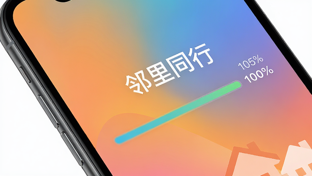 手机屏幕特写显示“邻里同行”应用正在安装,进度条到达100%,屏幕背景为简洁的渐变色,整体风格干净明亮,画质清晰,无多余元素。