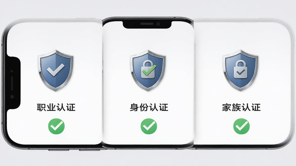 手机界面显示“职业认证”“身份认证”“家族认证”三个认证完成状态,搭配绿色对勾图标,背景为浅灰色,布局简洁,商务风格,细节有盾牌形状的认证图标,画质清晰干净。