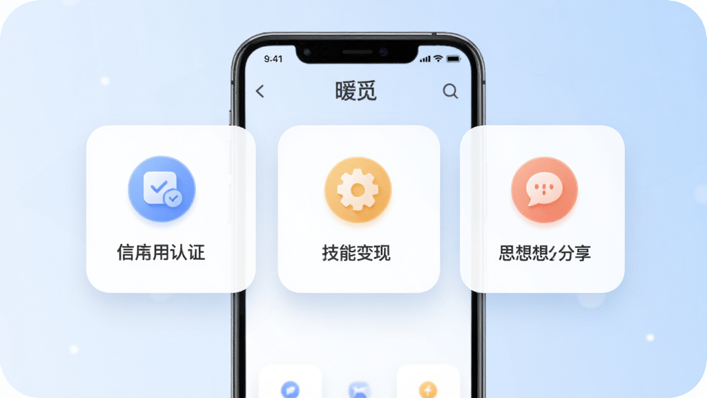 主体为手机屏幕展示暧觅App界面,屏幕中央有“信用认证”“技能变现”“思想分享”三大功能图标,背景为简洁的浅蓝色渐变,整体布局居中,扁平化设计风格,细节包括圆角卡片、柔和阴影,画质高清干净无多余元素。