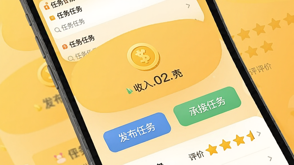 手机界面展示“发布任务”“承接任务”两个按钮,中间有金币图标和收入数字,背景为暖黄色渐变,扁平化设计,细节包括任务列表和评价星标,画质干净清晰。