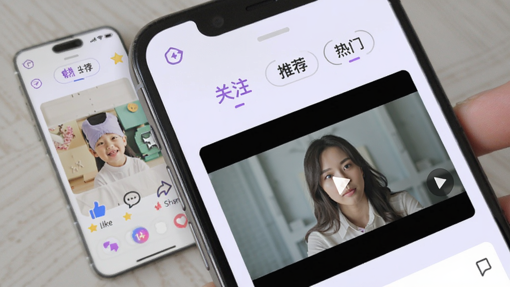 手机界面展示图文和视频发布页面,有“关注”“推荐”“热门”标签,背景为淡紫色,布局灵动,细节包括点赞、评论、转发图标,画质清爽干净。