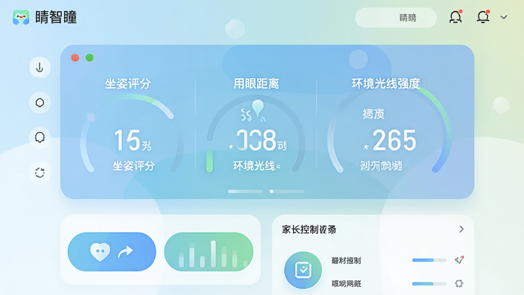 一张展示睛智瞳应用主界面的高清渲染图,界面简洁明亮,中央显示实时用眼数据仪表盘,包含坐姿评分、用眼距离、环境光线强度等指标,界面下方有统计图表按钮和家长控制面板,整体风格现代科技感,色彩清新柔和,画质干净,无多余元素,图片文字标注