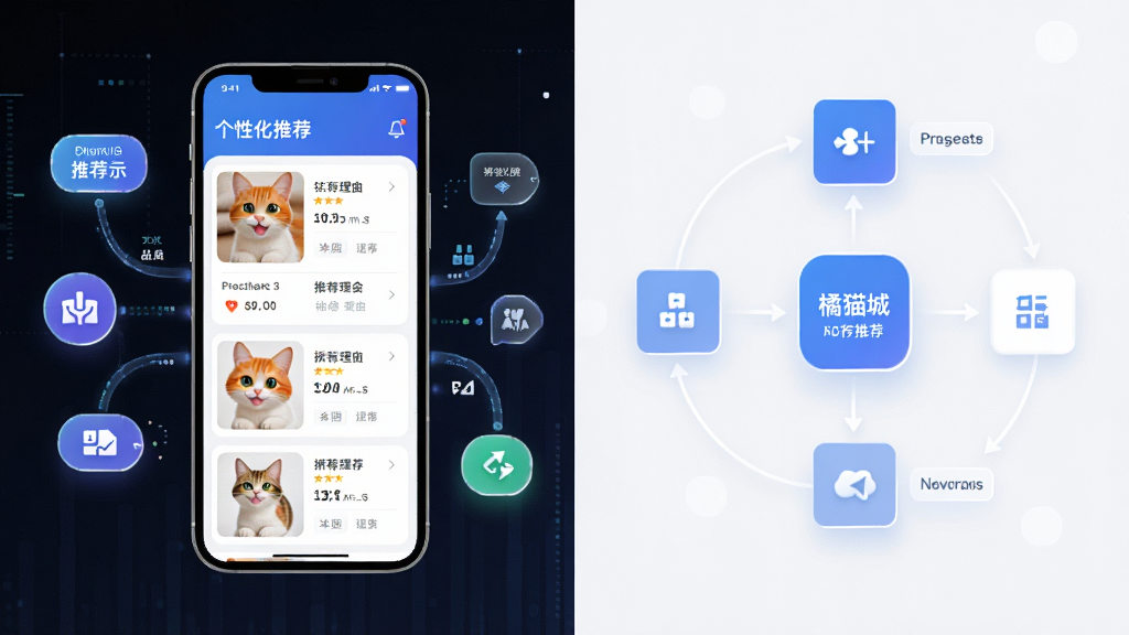 橘猫城智能推荐功能示意图,主体为手机界面显示个性化推荐商品列表,周围有数据流和标签图标,布局为左右分屏,左侧是手机,右侧是推荐逻辑图,风格简约科技感,细节包括商品图片和推荐理由,画质高清干净,无多余元素
