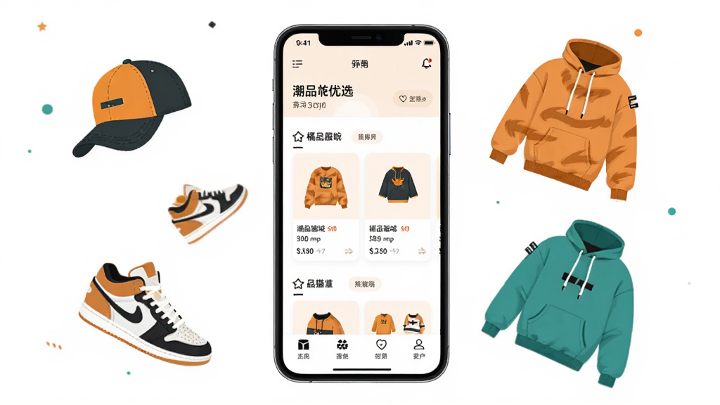 潮品服饰优选商城橘猫城界面展示,主体为一部智能手机屏幕正中央显示橘猫城App主页,屏幕周围有漂浮的潮流服饰元素(棒球帽、运动鞋、卫衣),布局采用居中构图,排版干净清爽,风格为现代扁平化插画,细节包括商品卡片和分类图标,画质高清干净,无多余元素
