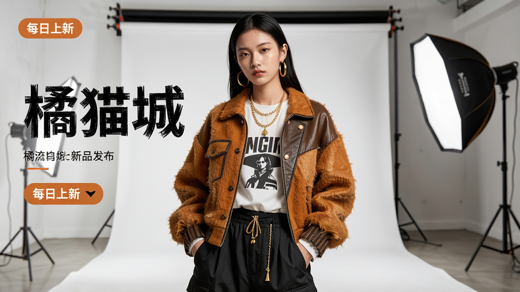 橘猫城App新品发布页面,主体为模特身着潮流服饰展示新款,背景为时尚摄影棚,布局采用杂志排版风格,文字标签“每日上新”,风格为潮流街拍,细节包括服装纹理和配饰,画质高清干净,无多余元素