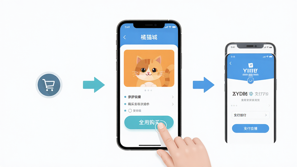 橘猫城App使用教程示意图,主体为手机操作界面,手指点击购买按钮,周围有步骤指示箭头,布局为流程图风格,风格清新简约,细节包括购物车图标和支付页面,画质高清干净,无多余元素