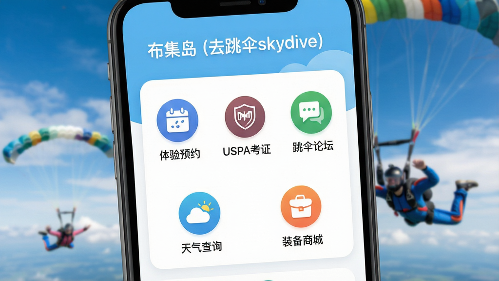 一张智能手机屏幕的特写,屏幕上清晰显示“布集岛(去跳伞skydive)”App的主界面,界面设计现代简约,以天空蓝和白色为主色调。主界面包含几个核心功能模块的图标和名称,如“体验预约”、“USPA考证”、“跳伞论坛”、“天气查询”和“装备商城”,布局整齐,图标色彩鲜明。背景是模糊处理的跳伞实景照片,有蓝天、白云和正在降落伞下飘荡的跳伞者。整体画面干净,光线明亮,画质高清,突出App的功能全面性和专业性。图片中无多余元素,只突出“布集岛(去跳伞skydive)”软件名称。