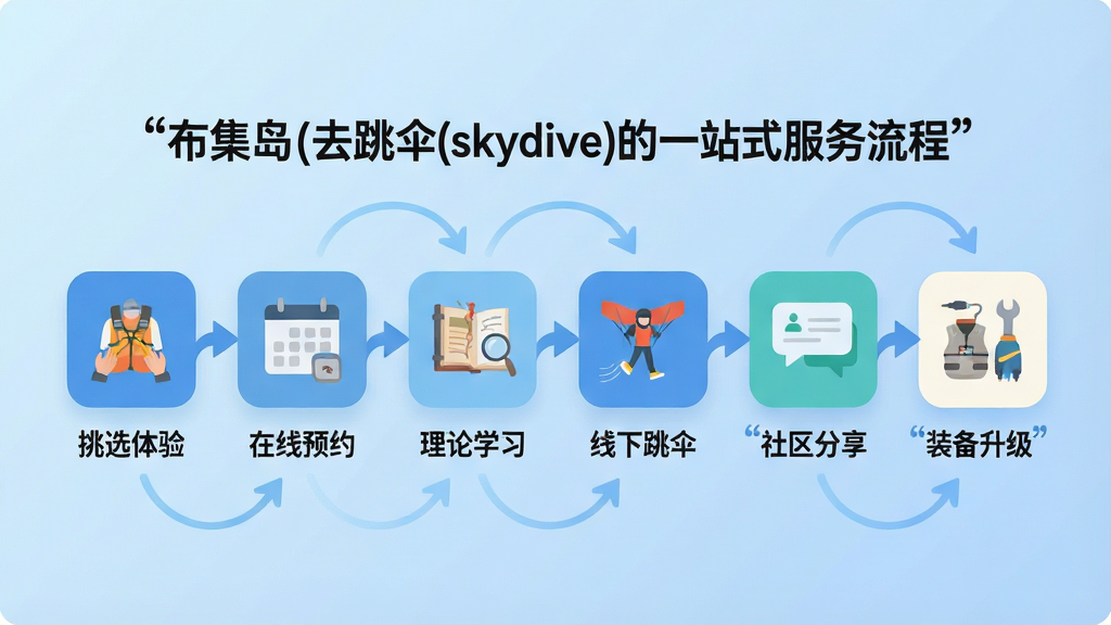 一张扁平化设计的流程示意图,主题是“布集岛(去跳伞skydive)的一站式服务流程”。画面从左到右依次排列着几个圆角方块图标,分别代表“挑选体验”、“在线预约”、“理论学习”、“线下跳伞”、“社区分享”和“装备升级”。每个图标下方有对应的小字说明。图标之间用流动的线条连接,线条上带有前进的箭头。背景为柔和的渐变蓝色,整体排版清晰,风格简洁现代,突出流程的顺畅与便捷。画质干净,无多余元素,图中文字必须加引号。