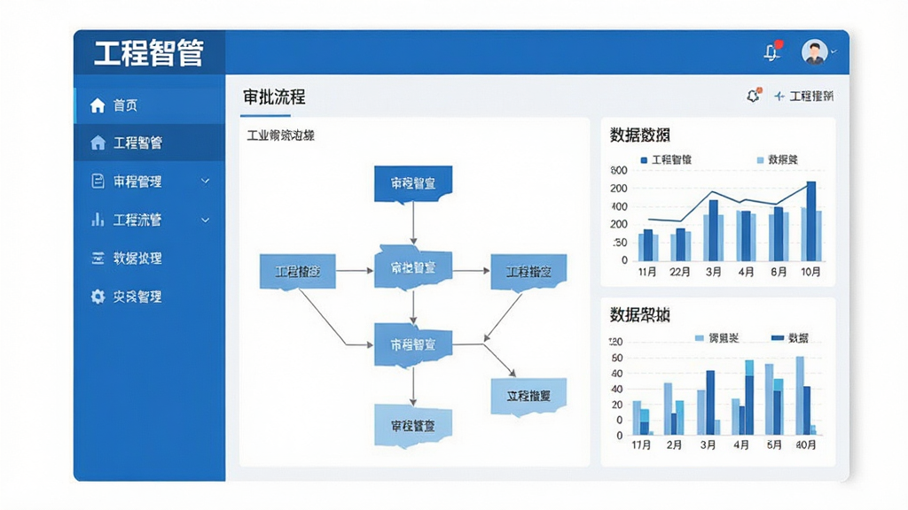 工程智管软件主界面展示,左侧为功能导航栏,右侧显示审批流程与数据图表,整体采用蓝白配色,扁平化设计,界面干净整洁,突出“工程智管”软件名称,画质高清,无多余元素