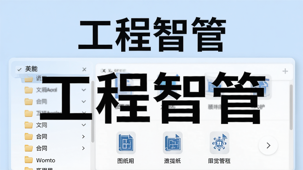 工程智管软件资料管理页面,展示文件夹列表和文档预览,包含合同、图纸等文件图标,背景为浅蓝色,突出“工程智管”软件名称,界面清爽,画质高清,无多余元素
