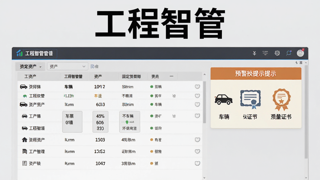 工程智管软件固定资产管理界面,展示资产列表和预警提示,包含车辆、证书图标,背景为浅灰色,突出“工程智管”软件名称,设计简洁,画质高清,无多余元素