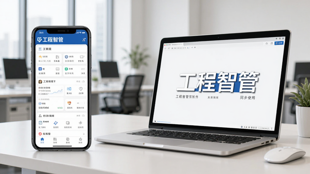工程智管软件手机与电脑端同步使用场景图,展示手机界面和笔记本电脑,背景为办公室环境,突出“工程智管”品牌,构图自然,画质清晰,无多余元素