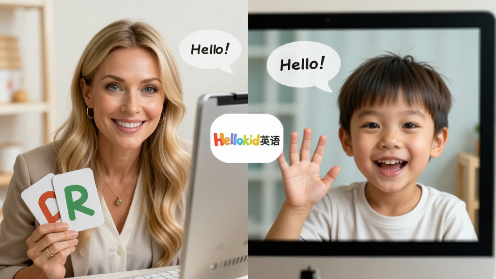 主体:一位金发碧眼的外教女老师正在电脑前对着镜头微笑,屏幕上显示着一位中国小朋友的脸,两人正在愉快地交流。布局:画面采用分屏设计,左侧是外教老师,右侧是小朋友,中间有“Hellokid英语”的LOGO。排版:人物居中,背景为简洁的浅色系。风格:高清写实与卡通结合,光线明亮柔和。细节:外教老师手持字母卡片,小朋友在屏幕前开心地挥手回应,画面上有“Hello!”的对话气泡。画质:1080P高清,干净,无多余元素。