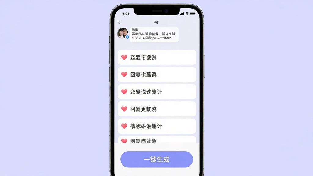 展示恋爱超会说聊天输入法AI回复生成功能的界面截图,手机屏幕显示用户复制对方消息后,应用生成多个回复选项的列表,每个选项前有爱心图标,背景为淡紫色,界面简洁清爽,突出“一键生成”按钮,整体画质高清,无杂乱元素。