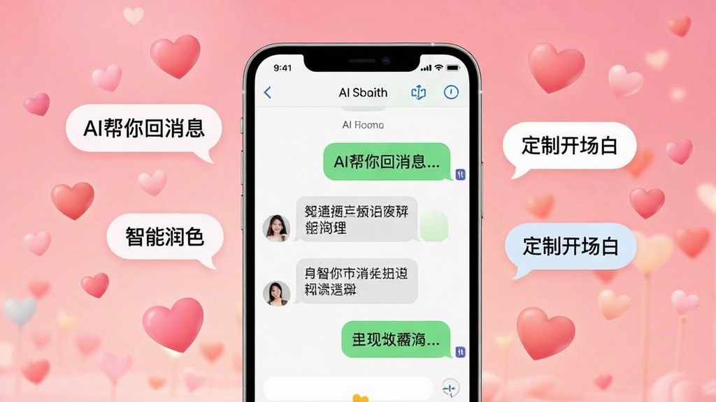 一幅展示恋爱超会说聊天输入法核心功能的场景图,画面中央是一部智能手机,屏幕显示AI聊天回复生成界面,背景是温馨浪漫的粉色渐变,周围漂浮着爱心和对话气泡,气泡内写着“AI帮你回消息”、“智能润色”、“定制开场白”等字样,整体风格现代简约,色彩明亮柔和,画质清晰干净,无多余元素。