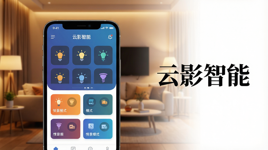 画面主体为一部智能手机屏幕占据视觉中心,屏幕内清晰显示“云影智能”APP的操控主界面,界面包含多个灯光图标和情景模式卡片,背景为温馨的现代客厅,暖色调灯光氛围,布局上手机位于画面中央偏左,右侧留白处加入“云影智能”艺术字标题,整体排版简洁大气,采用扁平化设计风格,细节上突出光影层次与色彩对比,画质高清且干净,无多余元素