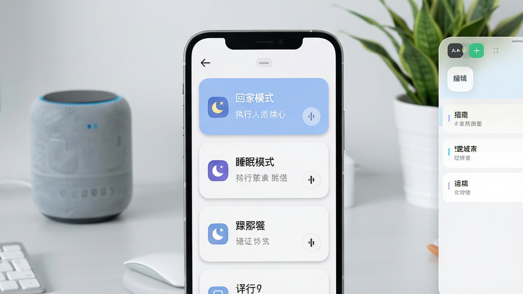 画面主体为智能手机界面展示情景模式编辑页面,屏幕内显示“回家模式”、“睡眠模式”等卡片,每个卡片包含设备图标与执行动作,背景为浅灰色办公桌面,摆放有智能音箱与绿植,布局上手机居中,右侧为编辑面板,整体排版简约,采用清新浅色风格,细节上突出卡片圆角与阴影,画质高清且干净,无多余元素