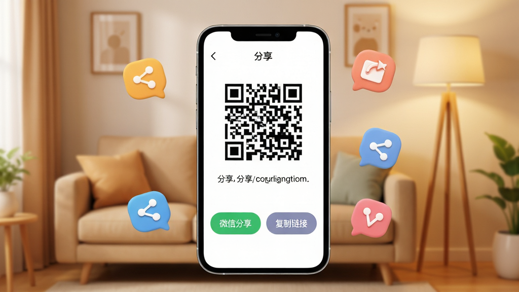 画面主体为手机屏幕显示分享功能界面,屏幕内展示一个二维码与分享链接,下方有“微信分享”、“复制链接”按钮,背景为温馨的客厅一角,带有沙发与落地灯,布局上手机居中,周围漂浮着分享图标,整体排版活泼,采用柔和圆角风格,细节上突出二维码细节与按钮色彩,画质高清且干净,无多余元素