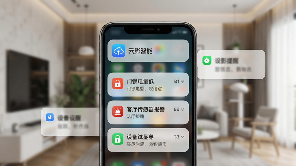 画面主体为手机消息通知栏展开的界面,顶部显示“云影智能”应用图标,下方排列多条设备提醒消息,如“门锁电量低”、“客厅传感器报警”,背景为模糊的室内环境,布局上手机位于画面中央,周围有半透明信息卡片,整体排版简洁清晰,采用现代简约风格,细节上突出通知图标的色彩区分,画质高清且干净,无多余元素
