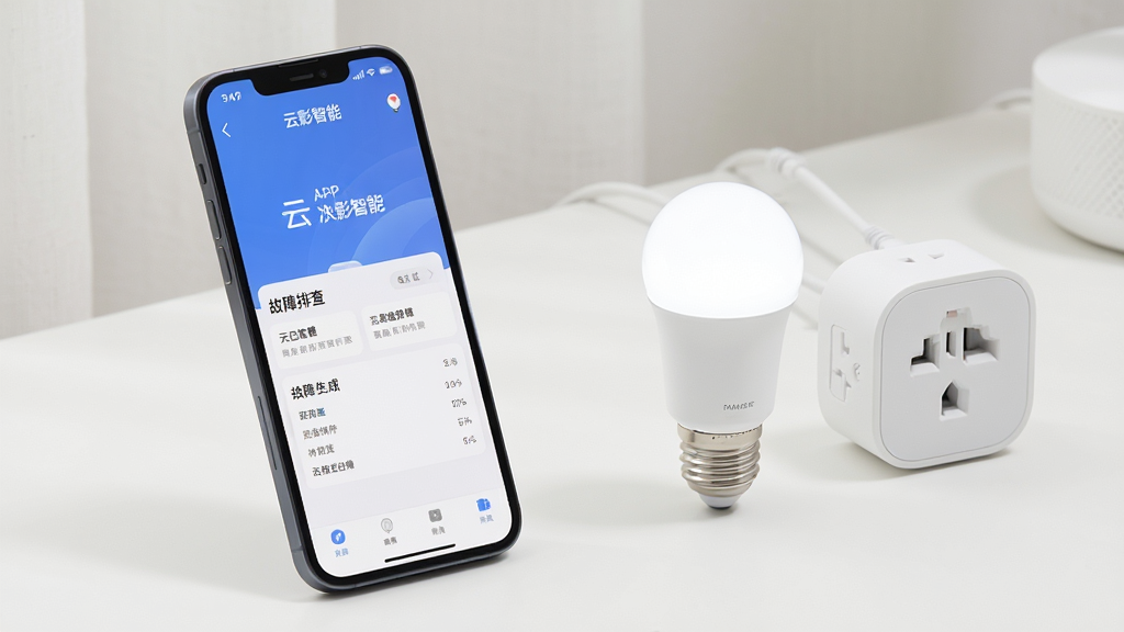 画面主体为智能手机与智能家居设备互动场景,手机屏幕显示“云影智能”APP的故障排查界面,手机旁边放置一个智能灯泡与智能插座,背景为简洁的桌面,布局上手机靠左,设备靠右,整体排版干净,采用浅色背景,细节上突出设备质感与屏幕内容,画质高清且干净,无多余元素
