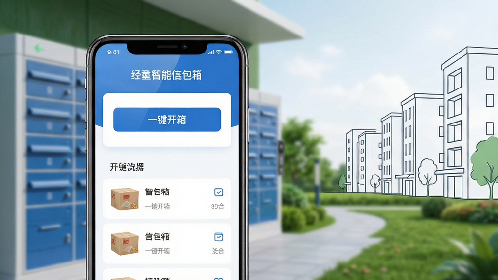 主体:经童智能信包箱APP的界面展示,一部智能手机屏幕正显示着开箱操作页面,背景是现代化的智慧社区场景,有智能信包箱柜体。布局:手机位于画面中央偏左,右侧留白处用简洁的线条勾勒出社区楼宇轮廓,整体构图平衡。排版:手机屏幕内清晰的界面元素,包括“一键开箱”按钮和包裹列表,文字标签“经童智能信包箱”置于画面顶部。风格:扁平化UI设计风格,色彩以蓝色和白色为主,科技感十足。细节:手机屏幕反射出柔和的光泽,界面图标精致,背景社区绿化清晰。画质:4K超清,干净,无多余元素。