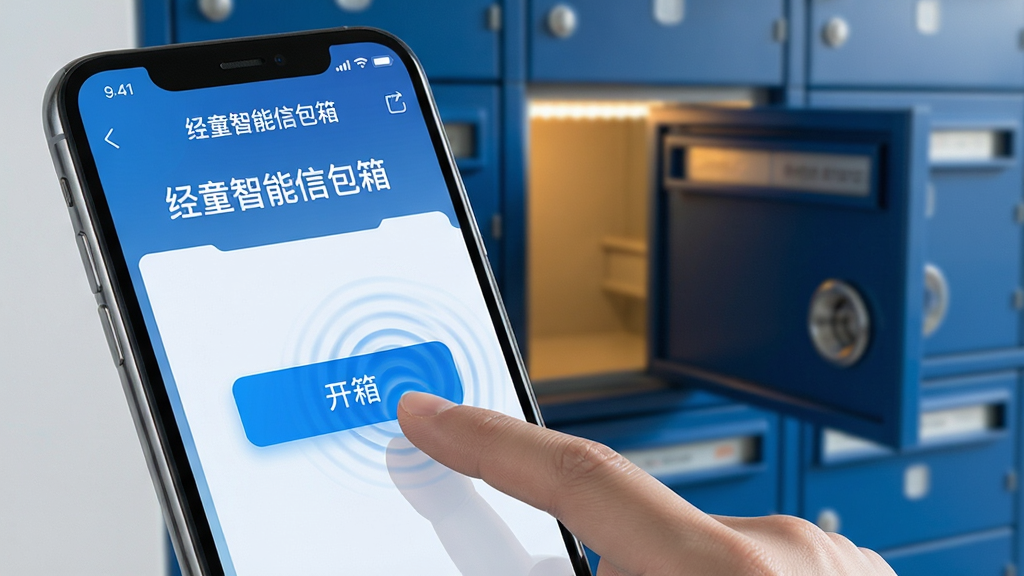 主体:经童智能信包箱APP的“一键开箱”功能操作界面,手指点击手机屏幕上的开箱按钮。布局:手机特写占据画面主体,背景虚化的智能信包箱柜体,格口门正在弹开。排版:手机界面清晰显示“经童智能信包箱”字样和“开箱”按钮,按钮有蓝色高亮反馈。风格:写实与UI结合,科技蓝为主色调,画面通透。细节:手指点击时屏幕有轻微波纹效果,柜体门缝透出暖色灯光,营造智能科技氛围。画质:高清,干净,无多余元素。