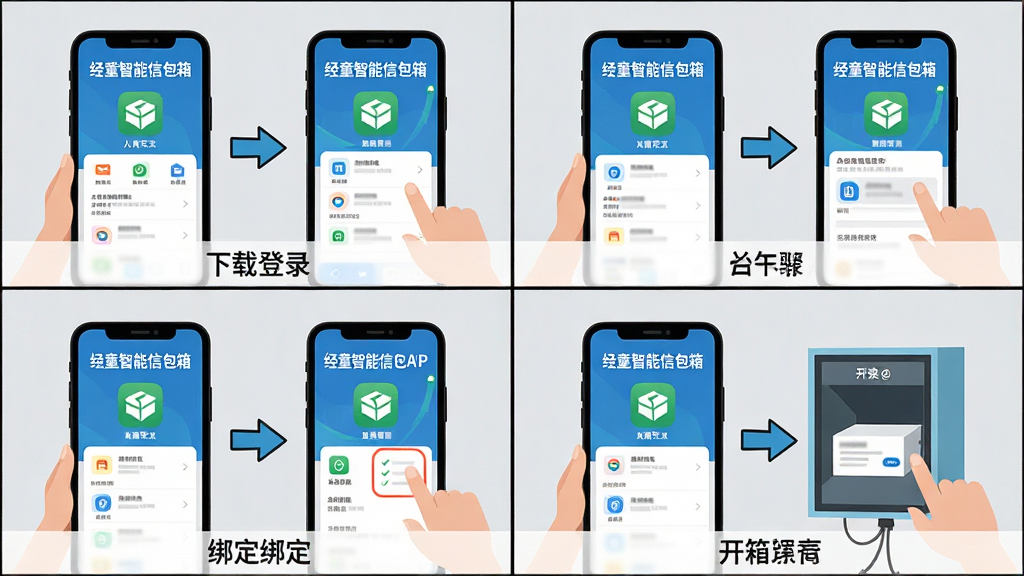 主体:经童智能信包箱APP在手机上的操作流程示意图,从下载、登录、绑定到开箱的步骤展示。布局:画面为四宫格漫画布局,每个格子展示一个步骤,手机界面元素清晰。排版:每个格子下方有简短文字标注步骤名称,整体排列整齐。风格:扁平化插画风格,色彩明快,背景浅灰。细节:手机屏幕上的“经童智能信包箱”名称和图标清晰可见,步骤箭头指示明确。画质:高清,干净,无多余元素。
