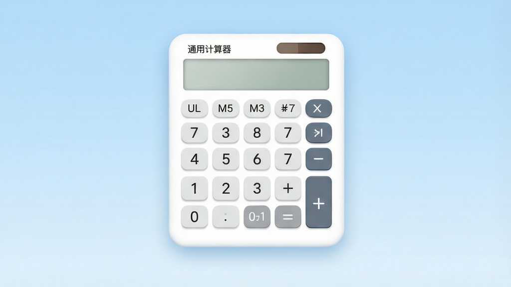 通用计算器主界面展示图,背景为浅蓝色渐变,中央悬浮一个白色圆角矩形计算器面板,按键排列整齐,数字区域清晰标注“通用计算器”字样,整体风格简洁现代,画质干净,无多余元素