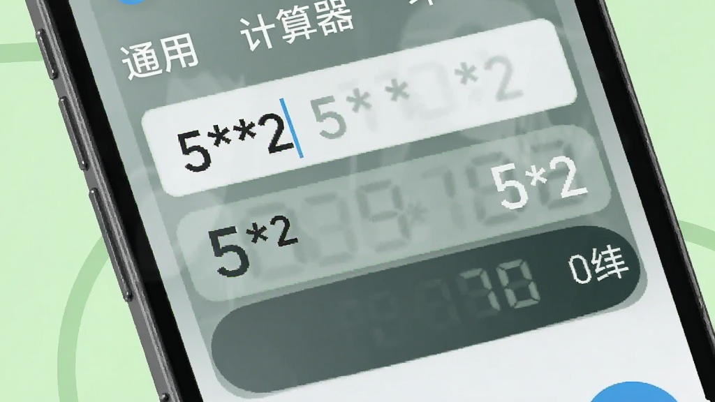 通用计算器智能纠错功能示意图,手机屏幕显示输入框内“5**2”自动修正为“5*2”,结果区显示“10”,背景为浅绿色,突出智能与准确,画质干净