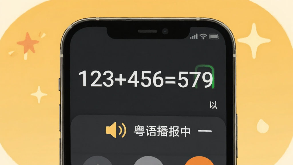 通用计算器语音播报功能示意图,手机屏幕显示计算结果“123+456=579”,下方有一个小喇叭图标,旁边标注“粤语播报中”,背景为暖黄色,画面温馨,突出方言特色,画质干净