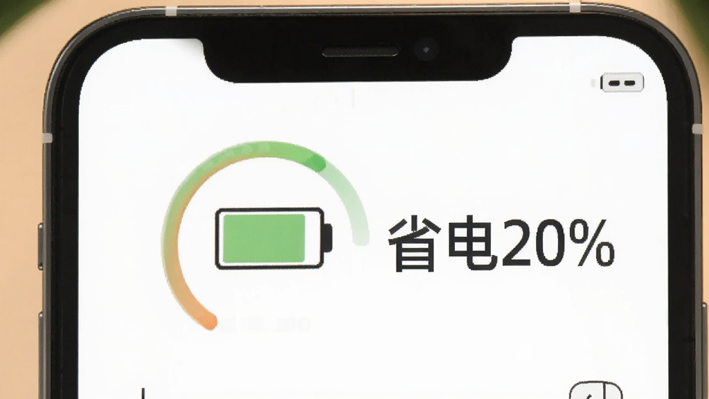 通用计算器省电模式示意图,手机屏幕显示电量图标,旁边标注“省电20%”,背景为浅橙色,画面简洁明了,突出节能特点,画质干净
