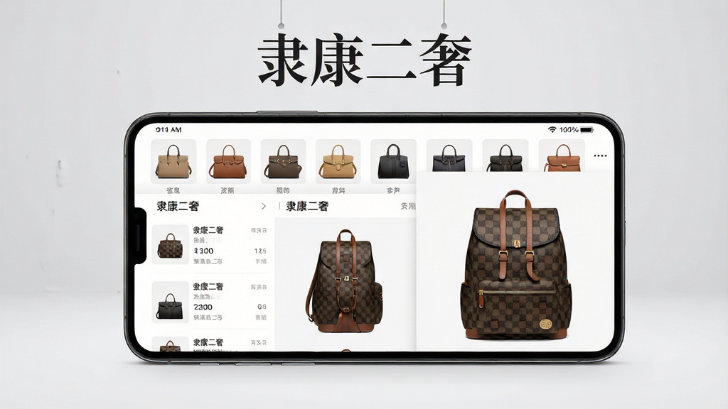 画面主体为一款时尚大气的智能手机,手机屏幕正展示着“隶康二奢”APP的界面,界面上半部分是一排排精美的名牌手提包图片缩略图,下半部分则是某个经典款双肩包的360度旋转展示图。整体布局采用左右分栏的杂志风格,左栏是包包的详细信息列表,右栏是大图预览区。背景为简洁的浅灰色摄影棚风格,干净明亮,画质细腻,突出APP界面高清图库的核心功能,图片上悬浮着应用名称“隶康二奢”艺术字,整体风格现代、简洁、专业,无多余元素。