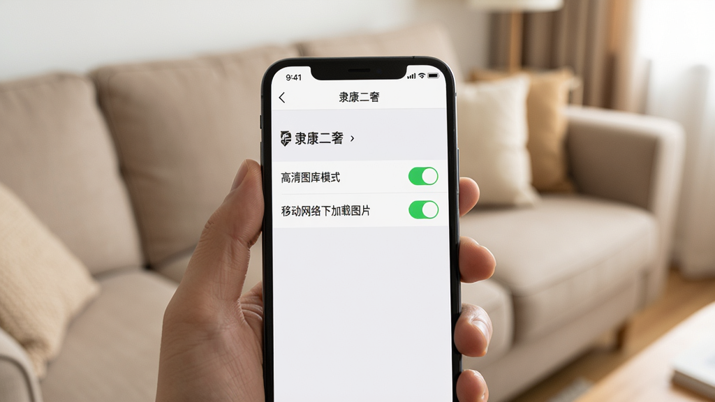 一张展示手机操作的应用界面截图,手机被一只手持握着,屏幕上是“隶康二奢”的设置页面,其中“高清图库模式”和“移动网络下加载图片”两个开关处于开启状态(绿色)。背景是一个温馨的客厅沙发一角,画面干净明亮,重点突出手机屏幕内容,画质细腻,风格写实,无多余元素。