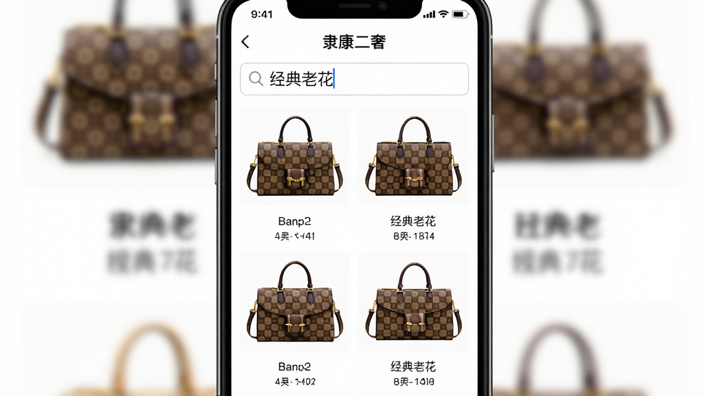 一张智能手机的竖屏截图,界面是“隶康二奢”的搜索结果页,顶部的搜索框内输入了“经典老花”四个字,下方以网格形式整齐排列着多款带有经典老花纹路的箱包图片,每个图片下方都清晰标注着品牌和型号。背景虚化,突出手机屏幕内容,图片整体风格简约清晰,色彩饱和度高,画质细腻,无多余UI元素。