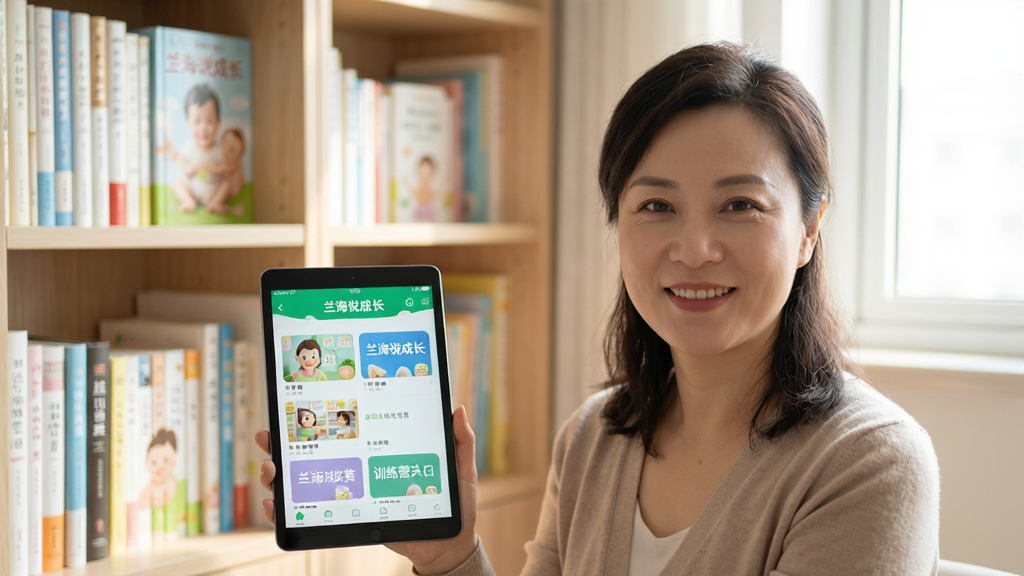 高清照片,一位温柔专业的女性育儿专家兰海老师微笑着面对镜头,背景是温馨明亮的家庭书房,书架上摆满育儿书籍,她手持平板电脑展示“兰海说成长”APP界面,界面清晰显示课程列表和训练营入口,整体风格自然真实,光线柔和,画质细腻,干净无多余元素