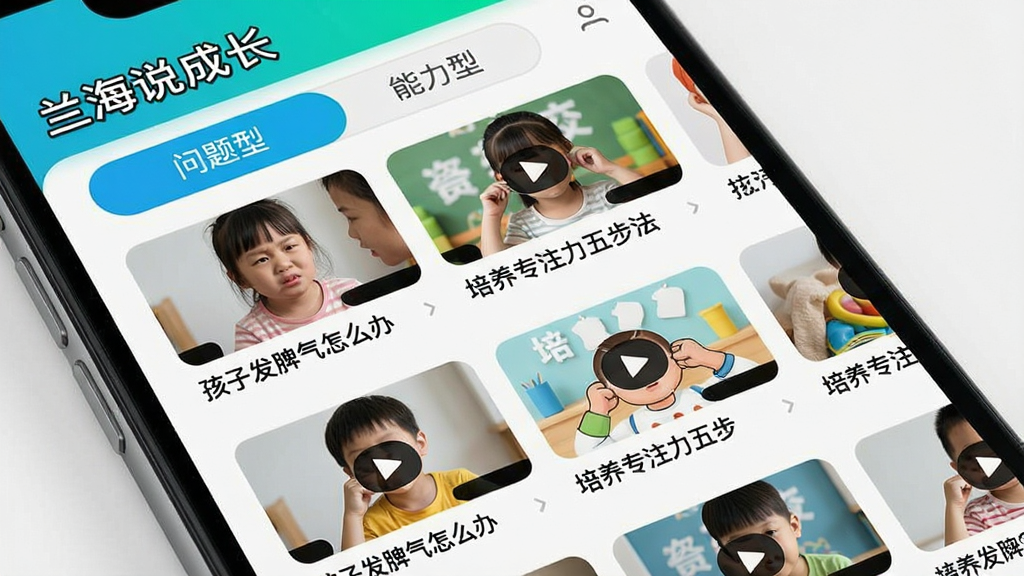 手机屏幕特写展示“兰海说成长”APP课程列表页面,页面顶部有“问题型”和“能力型”分类标签,下方是整齐排列的视频课程卡片,每张卡片有缩略图和标题,如“孩子发脾气怎么办”、“培养专注力五步法”,背景简洁,界面UI设计现代清爽,色彩明快,画质清晰,干净无多余元素