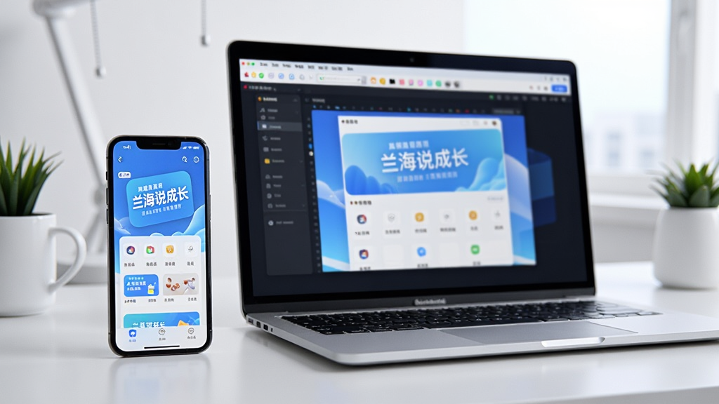 一台智能手机和一台笔记本电脑并排摆放,手机屏幕显示“兰海说成长”APP主界面,电脑屏幕显示同一应用的模拟器界面,两者画面同步,背景是简洁的书桌,光线明亮,风格科技感,画质清晰,干净无多余元素