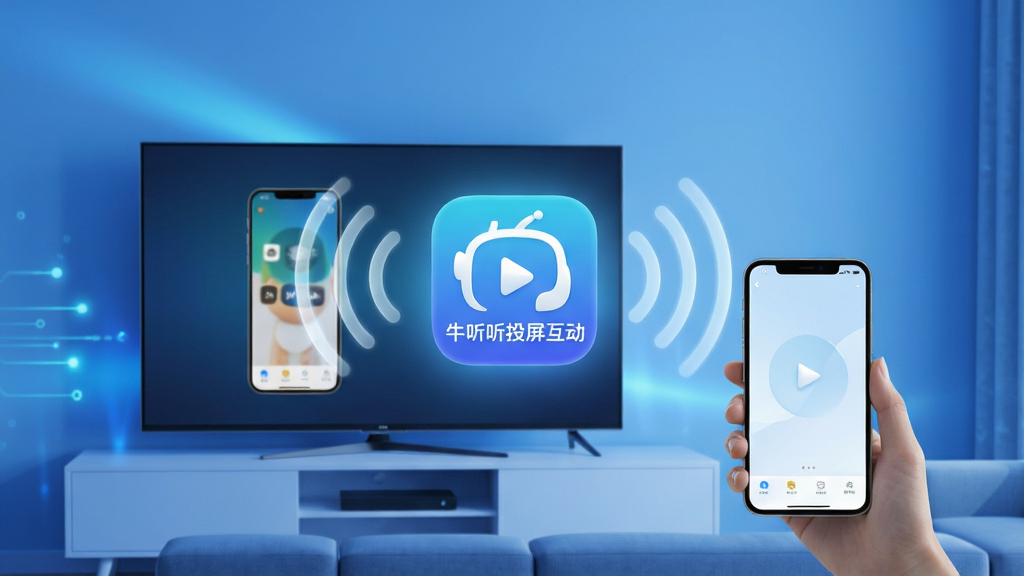 一幅现代简约风格的宣传海报,主体是“牛听听投屏互动”软件图标悬浮在客厅电视与手机之间,周围环绕无线信号波纹,布局居中,背景为渐变的蓝色科技感光效,风格清新明亮,细节包括电视屏幕显示手机画面、手机屏幕亮起,画质高清干净,无多余元素