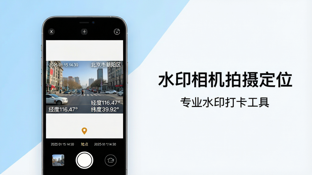 主体:一部智能手机屏幕显示水印相机拍摄定位App的拍照界面,界面下方有拍摄按钮,屏幕中央显示一张带有时间、地点、经纬度水印的实景照片。布局:手机居中偏左,右侧留白处放置“水印相机拍摄定位”文字标题,标题下方标注“专业水印打卡工具”。排版:手机与文字呈对角线构图,文字采用简洁无衬线体。风格:现代科技感,浅蓝与白色主色调,界面细节清晰。细节:手机屏幕中水印文字清晰可读,包括“2025-01-15 14:30”“北京市朝阳区”“经度116.47° 纬度39.92°”。画质:8K超清,干净,无多余元素。