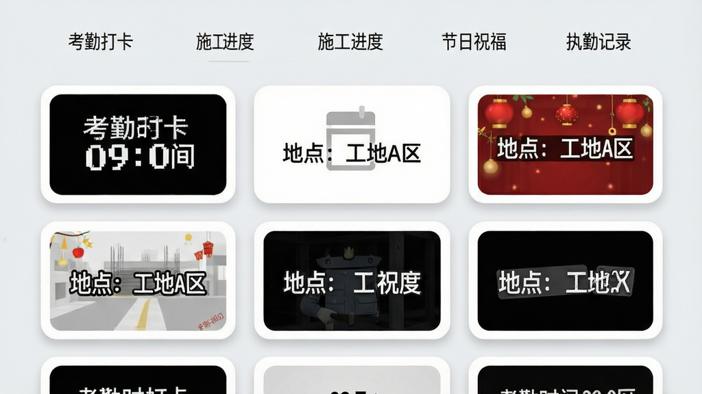 主体:水印相机拍摄定位App的模板库页面,展示多组水印模板缩略图,包括“考勤打卡”“施工进度”“节日祝福”“执勤记录”等分类。布局:网格状排列,每个模板卡片显示水印样式预览。排版:上方为分类标签栏,下方为模板卡片流。风格:简洁商务风,背景为浅灰色,卡片带圆角阴影。细节:每个模板缩略图上的水印文字清晰可见,如“考勤时间 09:00”“地点:工地A区”。画质:超清,干净,无多余元素。